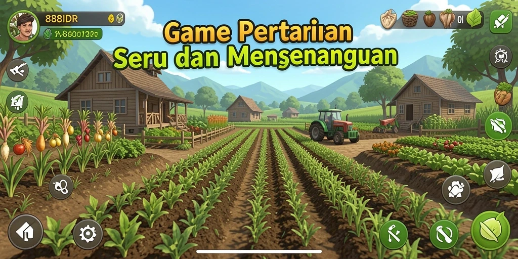 Tampilan gameplay <strong>888IDR</strong> dengan latar pertanian yang indah.