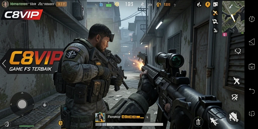 Tangkapan layar C8VIP yang menampilkan gameplay FPS yang intens dan mendebarkan.