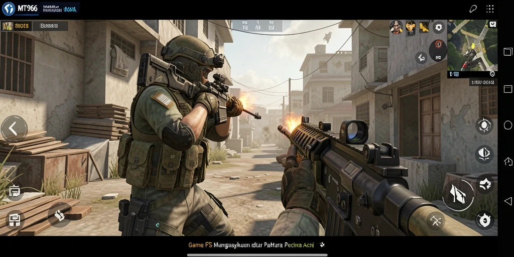 Screenshot gameplay MT966 menunjukkan aksi tembak-menembak yang epik.