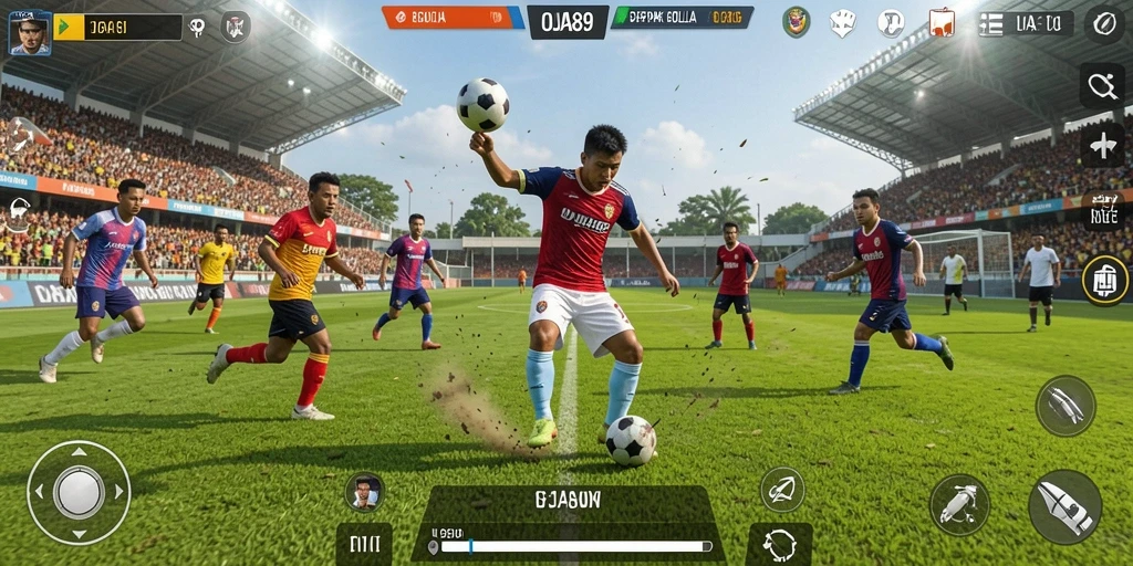 Screenshot menampilkan aksi intens pertandingan sepak bola dalam OJA89.