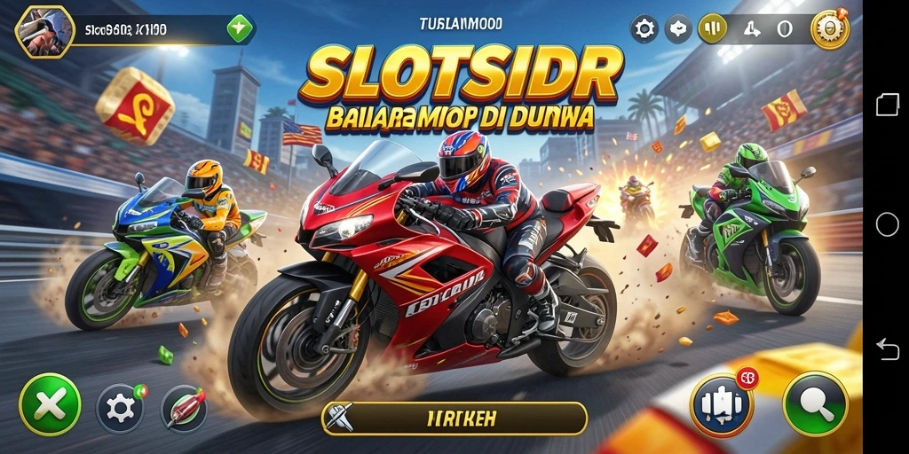 Screenshot gameplay SLOTSIDR yang menunjukkan balapan motor yang mendebarkan.