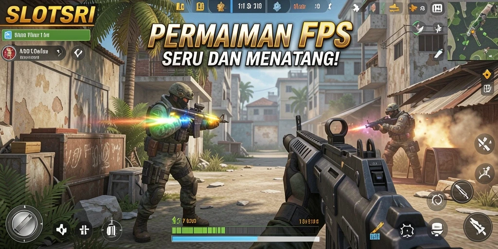 Screenshot utama menunjukkan aksi tembak-menembak yang mendebarkan di SLOTSRI.